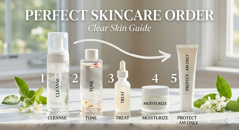 The perfect skincare order illustrated with step-by-step routine for clear, glowing skin, showing cleanser, toner, serum, moisturizer and sunscreen in correct application sequence.