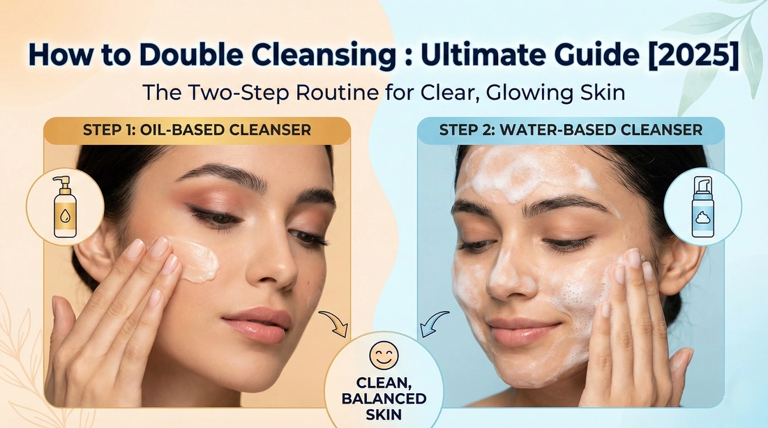 Woman demonstrating double cleansing routine using an oil-based cleanser and a water-based cleanser — step-by-step method for clean, glowing skin.