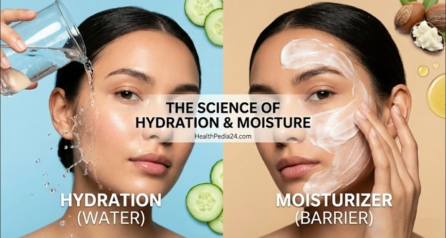 Comparison of hydration and moisturizer: Split image showing water splash for skin hydration versus cream application for moisture barrier repair, featuring HealthPedia24.com