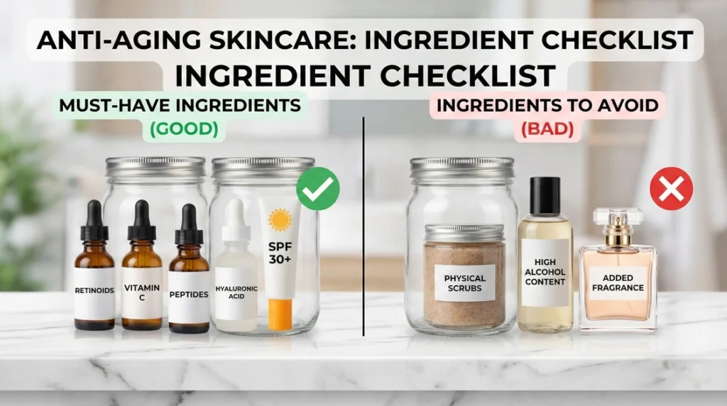 Anti aging skincare ingredient checklist displaying essential products with Retinol, Vitamin C, and SPF 30+ compared to ingredients to avoid