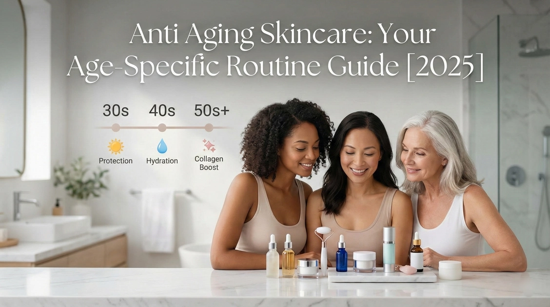 Three women of different ages in a bathroom with skincare products, and text that reads, "Anti Aging Skincare: Your Age-Specific Routine Guide [2025] 30s Protection, 40s Hydration, 50s+ Collagen Boost."