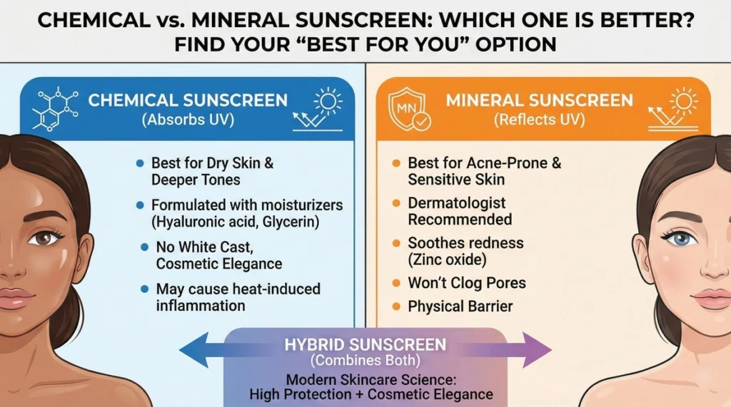Chemical vs mineral sunscreen comparison for acne prone and dry skin