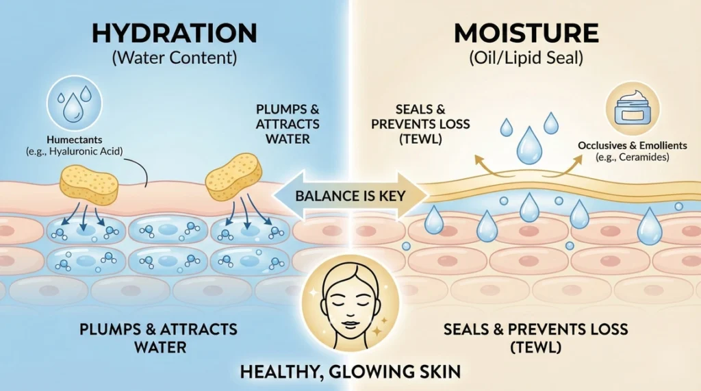 Diagram illustrating the essential difference between hydration and moisture for skin health. Hydration uses humectants (sponges) to attract water, while moisture uses occlusives and emollients (lipid seals) to prevent water loss (TEWL).