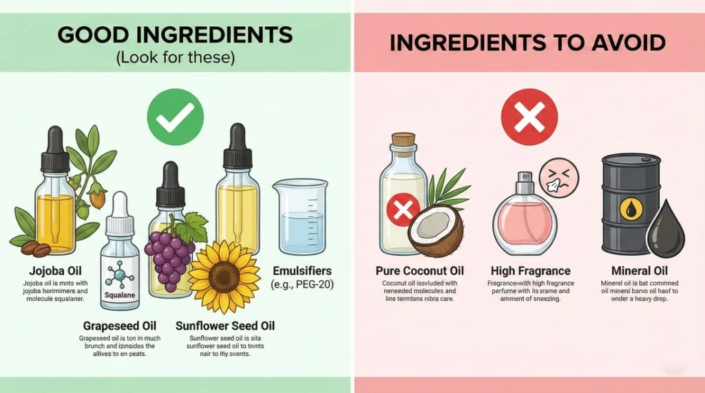 double cleansing Skincare ingredient comparison chart showing good ingredients like jojoba oil, squalane, grapeseed oil, sunflower seed oil, and emulsifiers, versus avoidable ingredients such as pure coconut oil, high fragrance, and mineral oil."