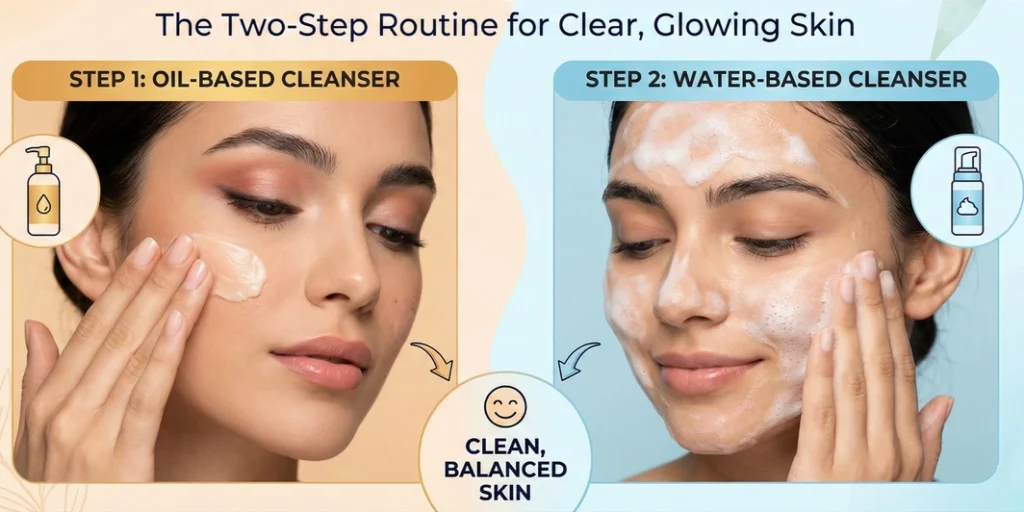 Woman demonstrating double cleansing routine using an oil-based cleanser and a water-based cleanser — step-by-step method for clean, glowing skin.