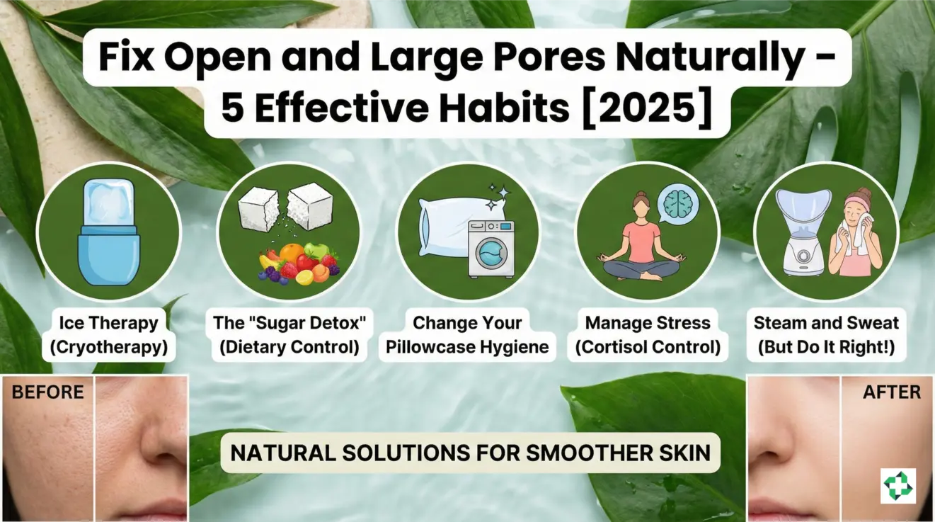 Fix Open and Large Pores Naturally [2025] featured image illustrating 5 habits like ice therapy and sugar detox