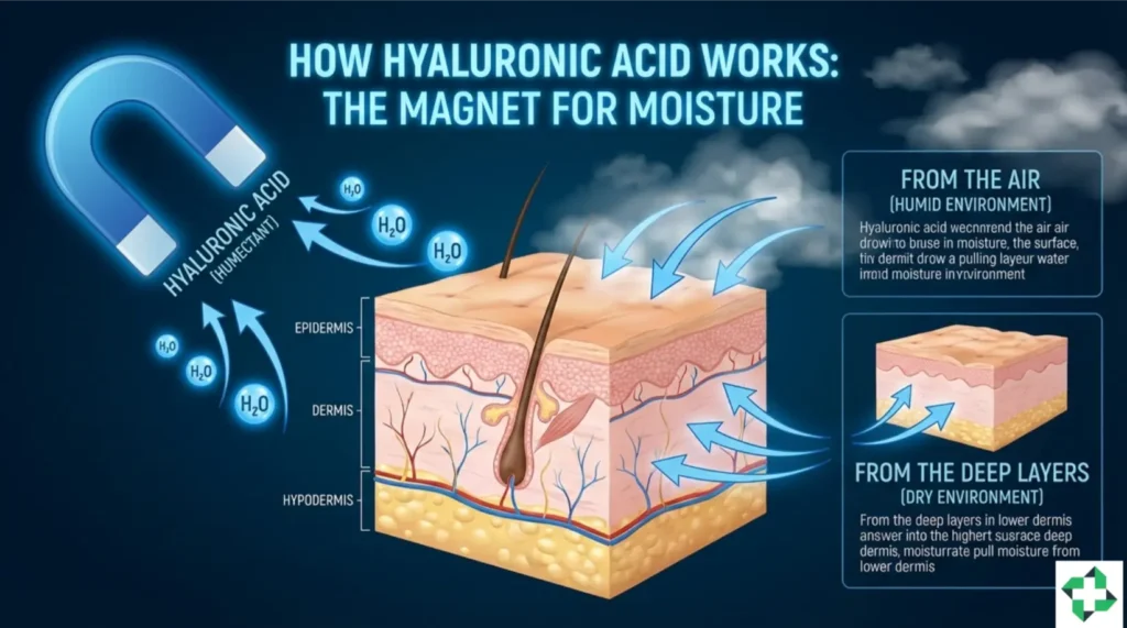A scientific 3D illustration showing Hyaluronic Acid molecules acting as a magnet, pulling water droplets from the surrounding air and deep skin layers into the skin's surface for intense hydration.