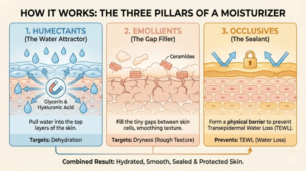 Diagram illustrating the science of hydration and moisturizer using the three pillars: Humectants, Emollients, and Occlusives, to achieve barrier repair and prevent TEWL.