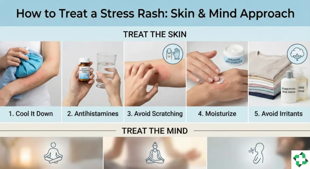 An infographic illustrating stress rash treatment using both skin and mind approaches. It includes 5 steps, such as using a cool compress, taking antihistamines, and applying moisturizer, along with icons showing ways to relax the mind.