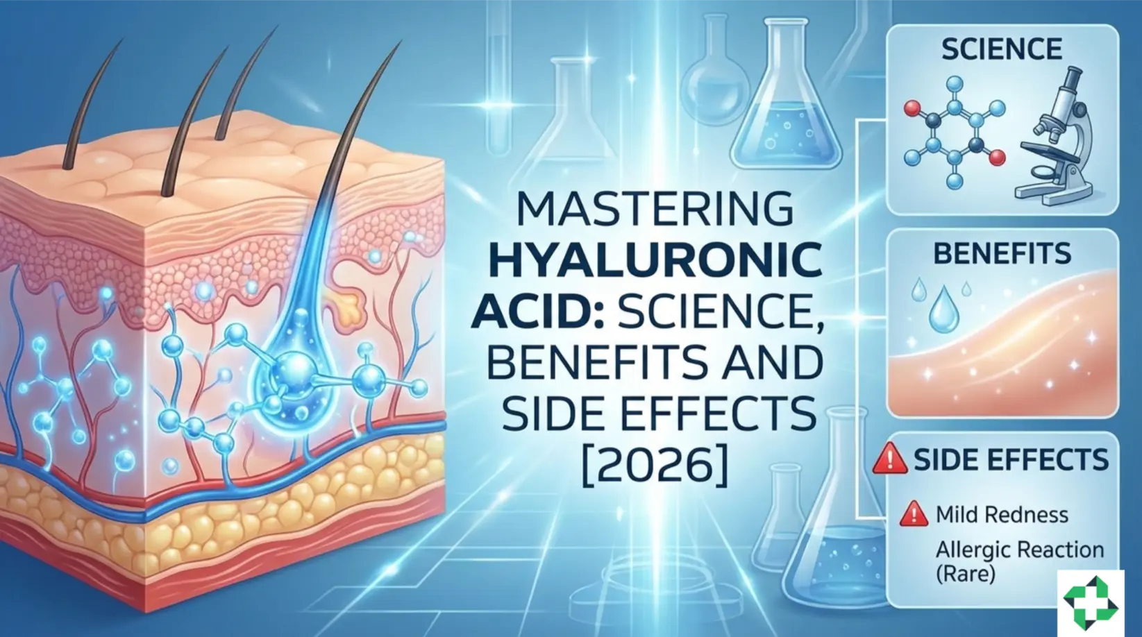 A professional and aesthetic featured image for a 2026 guide on Hyaluronic Acid, featuring laboratory-style glassware, hydrating serum bottles, and scientific molecule graphics with the article title.