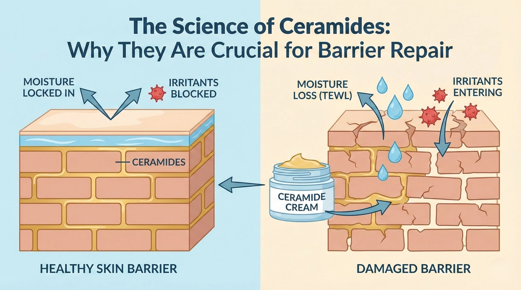 Diagram comparing a healthy skin barrier vs. a damaged barrier, illustrating how ceramides act as 'mortar' between skin cells to lock in moisture and block irritants, while a damaged barrier allows moisture loss (TEWL) and irritant entry.