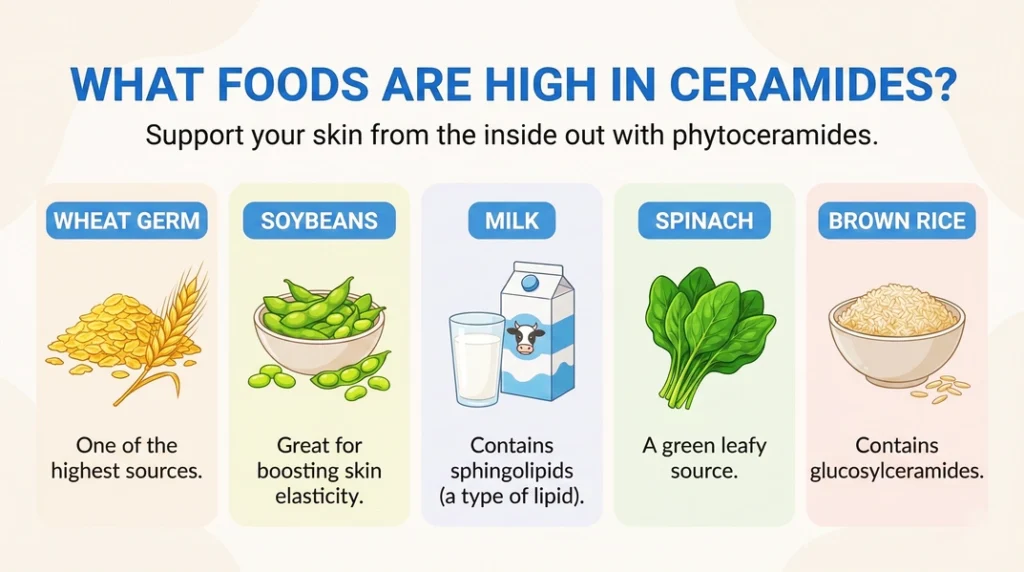 what foods are high in ceramides like wheat germ, soybeans, milk, spinach, brown rice