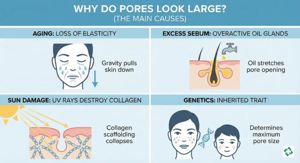 Infographic illustrating the four main causes of large pores: Aging, Excess Sebum, Sun Damage, and Genetics.