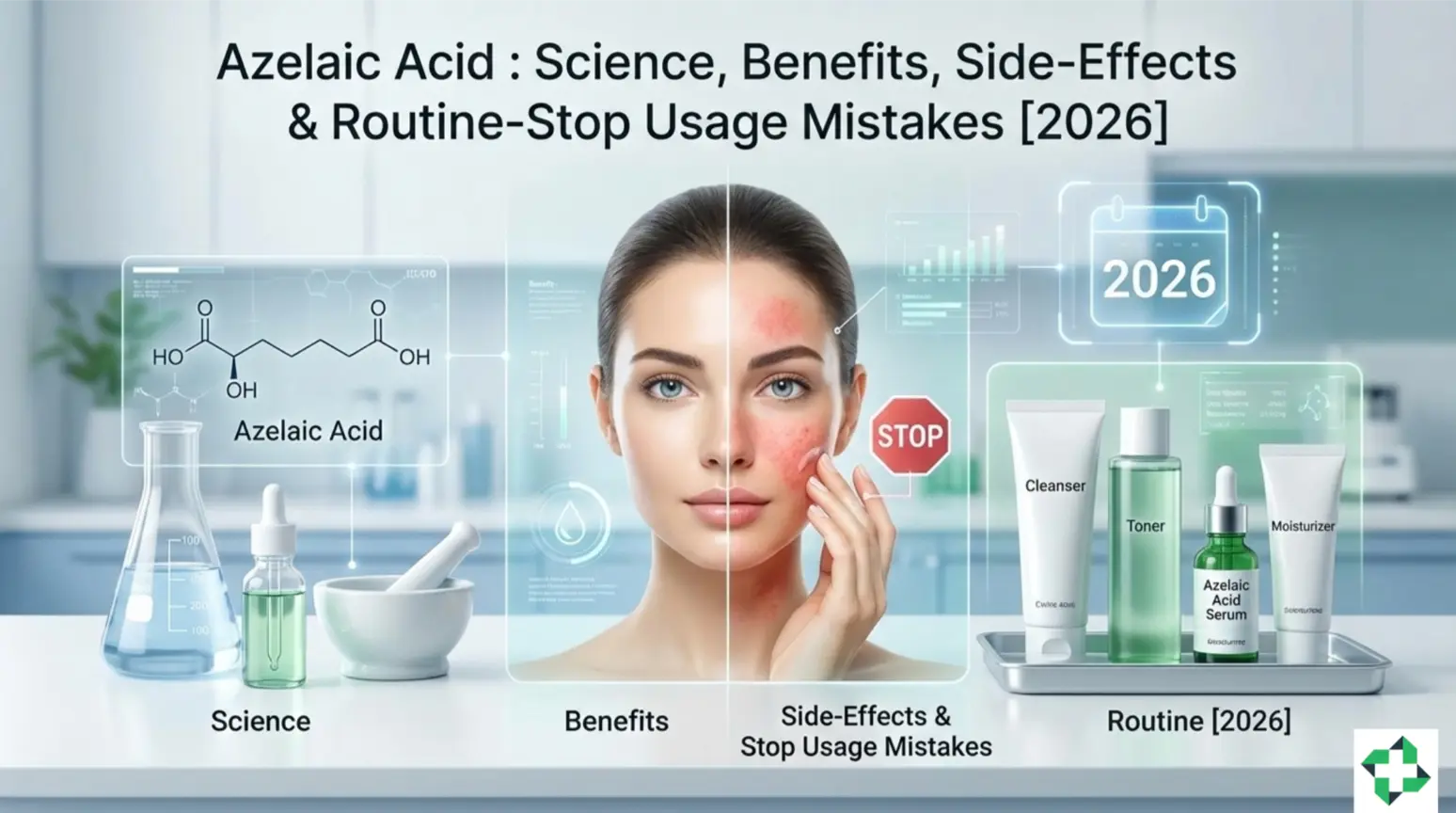 A comprehensive infographic for Azelaic Acid in 2026, featuring a split-face comparison of redness vs. clear skin, the chemical molecular structure, laboratory tools, and a step-by-step skincare routine.