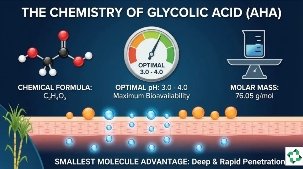 A scientific infographic titled 'The Chemistry of Glycolic Acid (AHA)' showing its chemical formula $C_2H_4O_3$, optimal pH range of 3.0-4.0 for maximum bioavailability, and molar mass of $76.05\text{ g/mol}$, illustrating deep skin penetration due to its small molecular size.