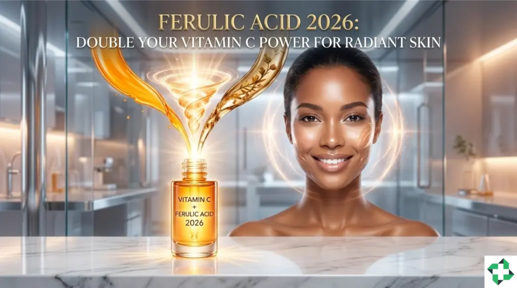 A professional skincare serum bottle surrounded by oranges and botanical grains, representing the synergy between Ferulic Acid and Vitamin C for radiant skin protection.