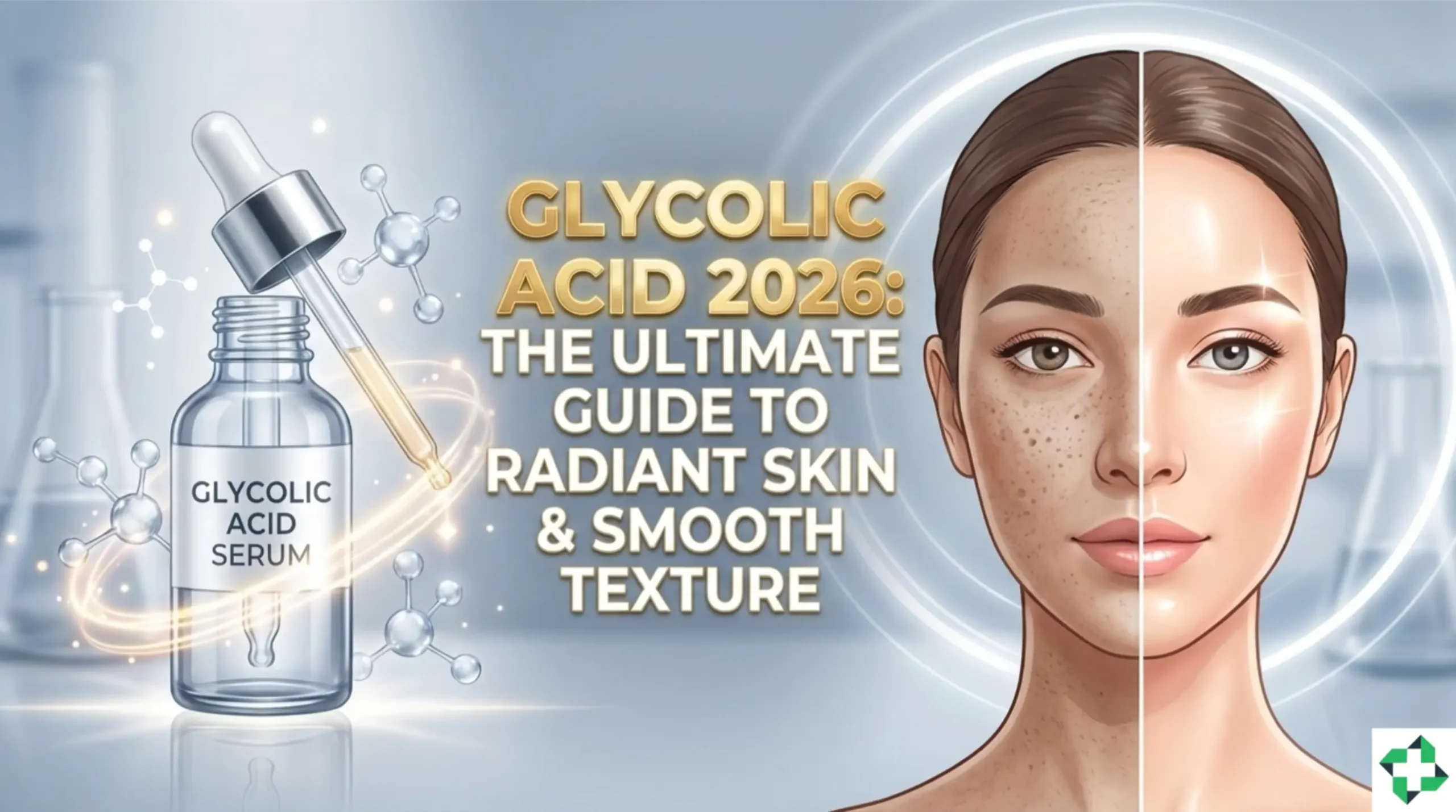 A professional HD featured image for a 2026 Glycolic Acid guide, showing a glowing serum bottle, an exfoliating texture visual, and scientific molecular graphics on a clean, high-tech background.