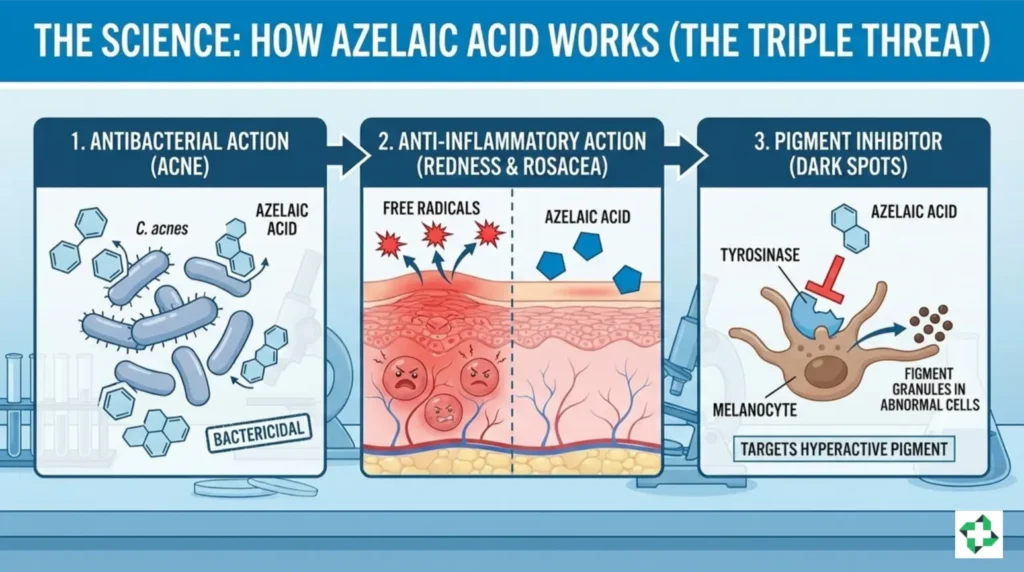 A scientific infographic titled 'The Science: How Azelaic Acid Works (The Triple Threat)' showing three panels: 1. Antibacterial action against acne bacteria, 2. Anti-inflammatory action for redness and rosacea, and 3. Pigment inhibition to target dark spots by blocking tyrosinase.