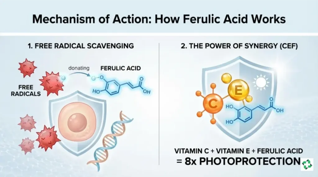 Infographic titled "Mechanism of Action: How Ferulic Acid Works" showing two sections: 1. Free Radical Scavenging, where Ferulic Acid donates an electron to neutralize free radicals, and 2. The Power of Synergy (CEF), showing Vitamins C and E with Ferulic Acid providing 8x photoprotection.