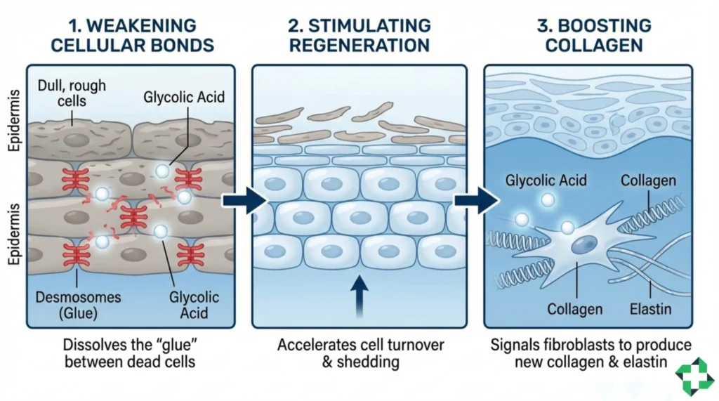 Scientific 3D illustration of Glycolic Acid molecules breaking cellular bonds in skin layers to boost collagen.
