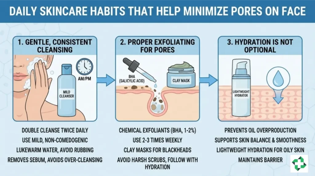 A horizontal 3-step skincare routine infographic showing: 1. A gentle double cleanse, 2. Application of BHA chemical exfoliant, and 3. Lightweight hydration, all aimed at how to miinimize pores on face.