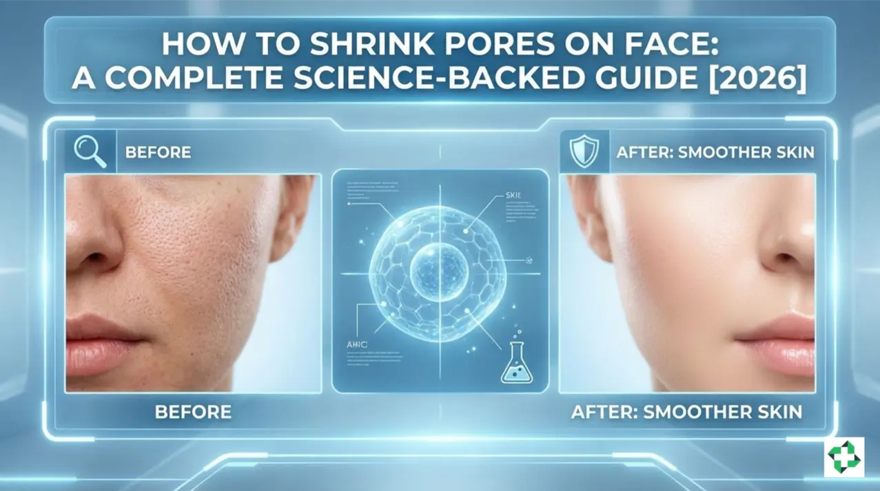 A professional close-up of clear, smooth facial skin showing how to shrink pores on face,refined pores, accompanied by a premium skincare serum and a subtle scientific graphic, illustrating 2026 methods to shrink pores.