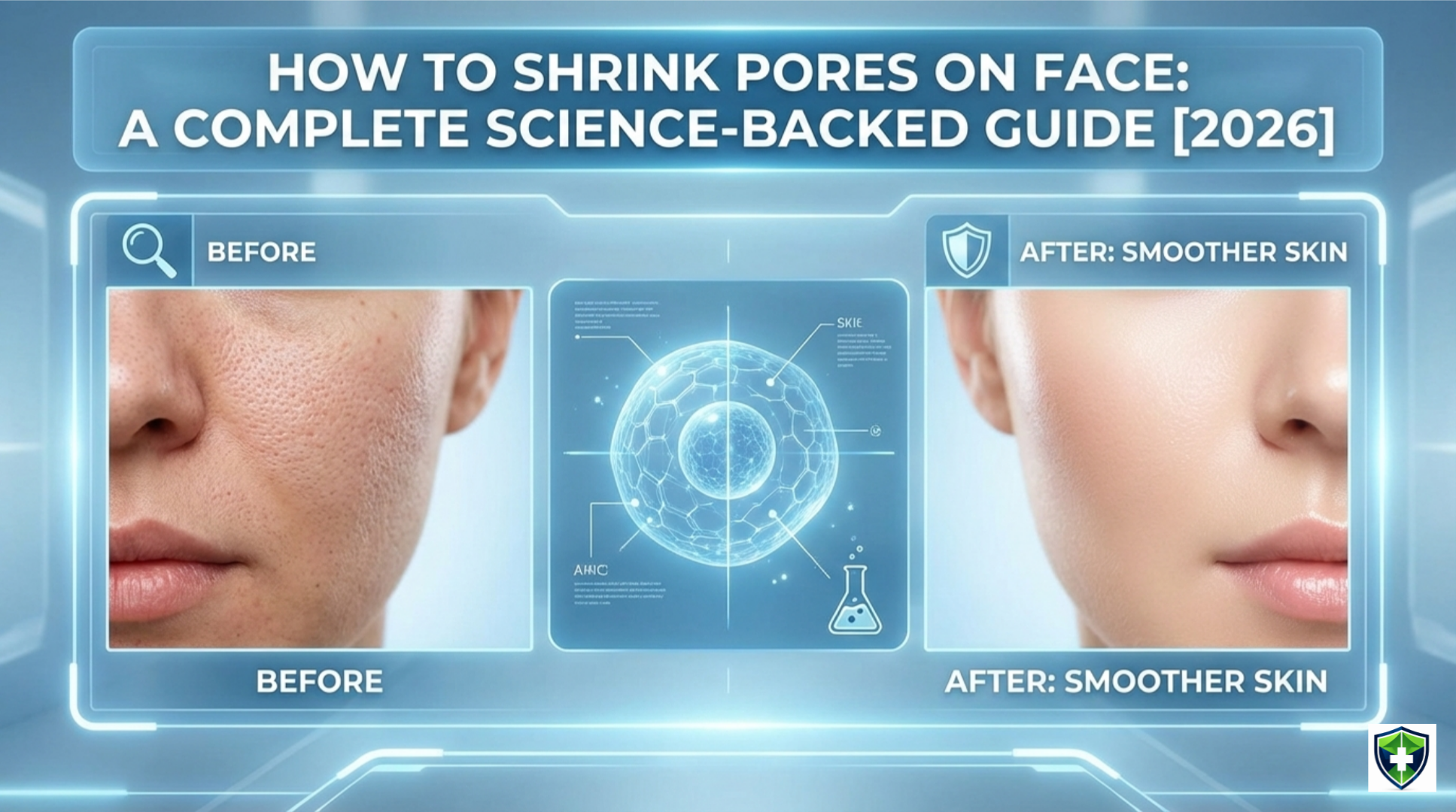 A professional close-up of clear, smooth facial skin showing how to shrink pores on face,refined pores, accompanied by a premium skincare serum and a subtle scientific graphic, illustrating 2026 methods to shrink pores