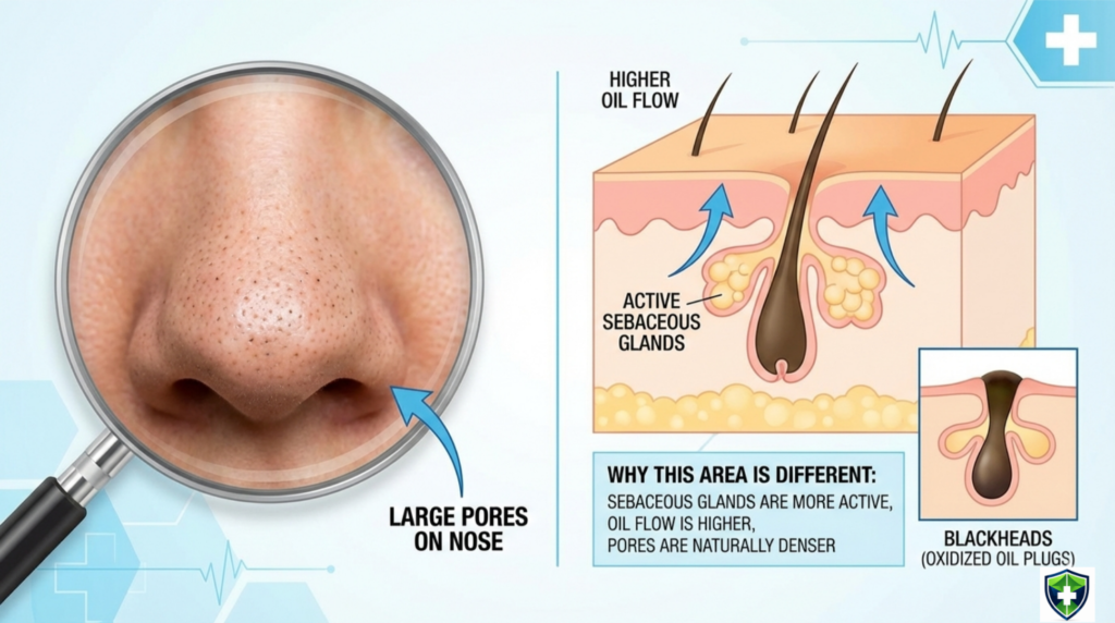 Close-up illustration of large nose pores and skin cross-section showing active sebaceous glands, higher oil flow and blackheads caused by oxidized oil plugs.