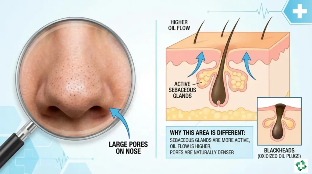 Medical infographic illustrating why pores on the nose appear larger. On the left, a magnifying glass shows blackheads on a nose. On the right, a skin diagram shows active sebaceous glands and higher oil flow leading to oxidized oil plugs (blackheads), explaining the density in this area.