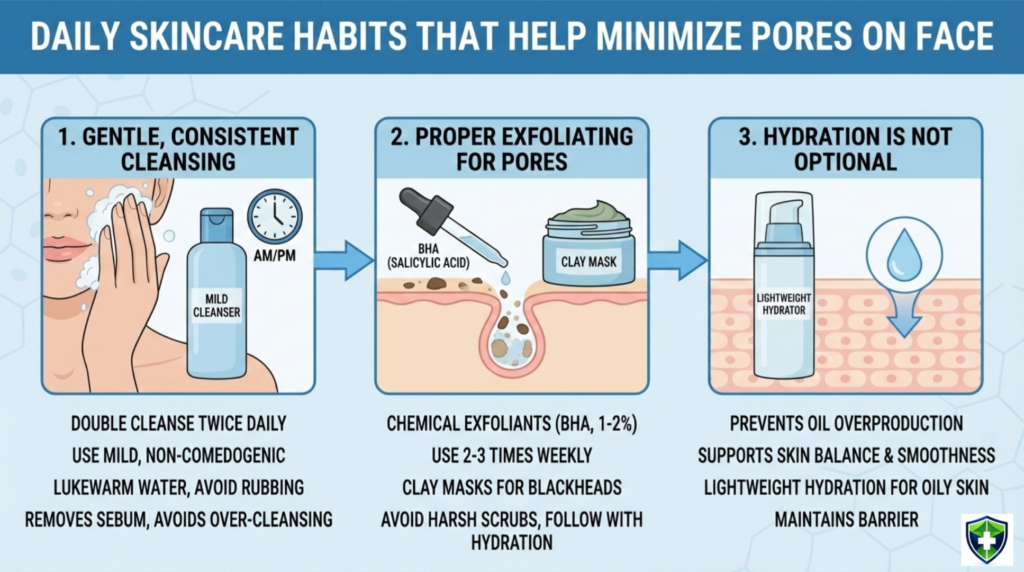 Daily skincare habits to minimize the appearance of facial pores, showing gentle cleansing, BHA exfoliation, clay masks and lightweight hydration.