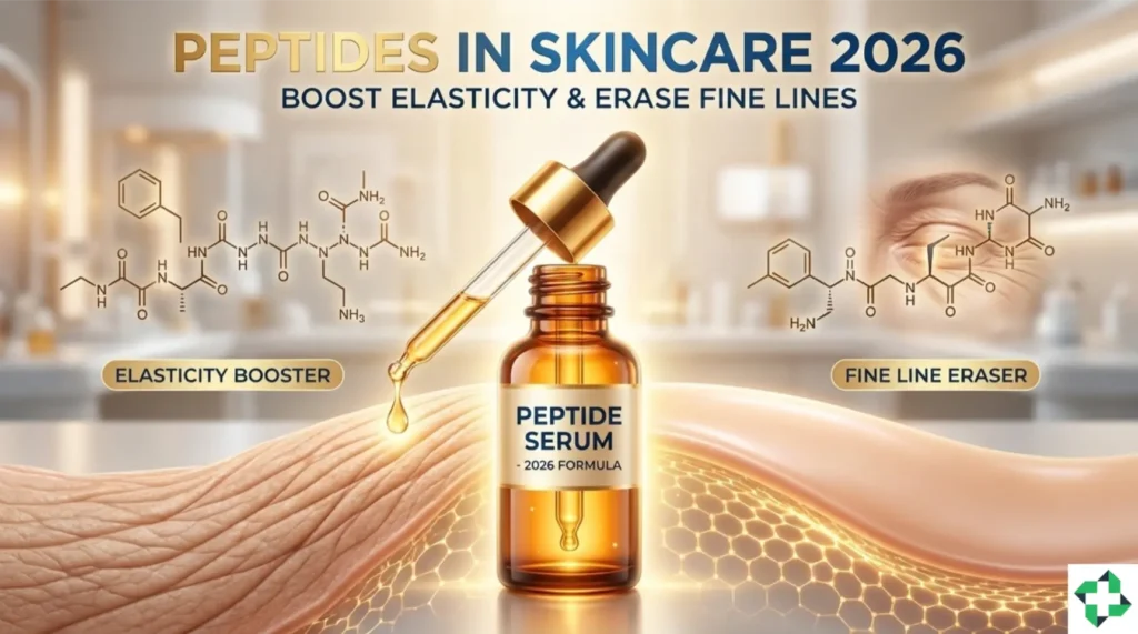 Professional featured image for 'Peptides in Skincare 2026' featuring a peptide serum bottle, dropper, and scientific molecular structures illustrating elasticity boosting and fine line reduction.