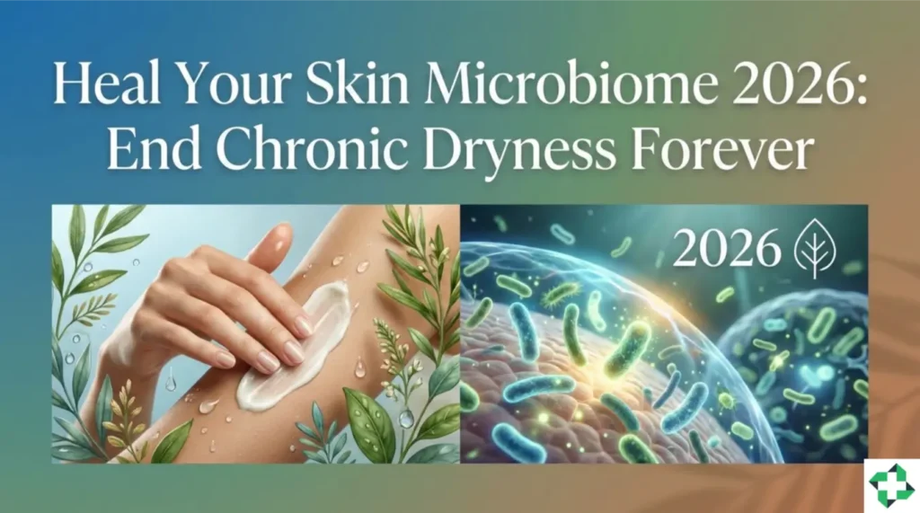 Illustration showing skin care and the skin microbiome, highlighting healthy bacteria, hydration, and modern skincare approaches to heal chronic dry skin.”