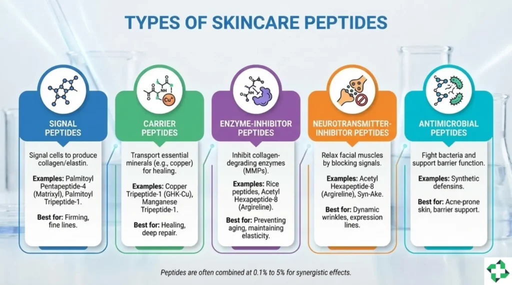 A detailed scientific infographic titled 'Types of Peptides in Skincare' featuring four categories: Signal Peptides for collagen, Carrier Peptides for mineral delivery (GHK-Cu), Enzyme-Inhibitors for elasticity, and Neurotransmitter-Inhibitors like Argireline for fine lines.