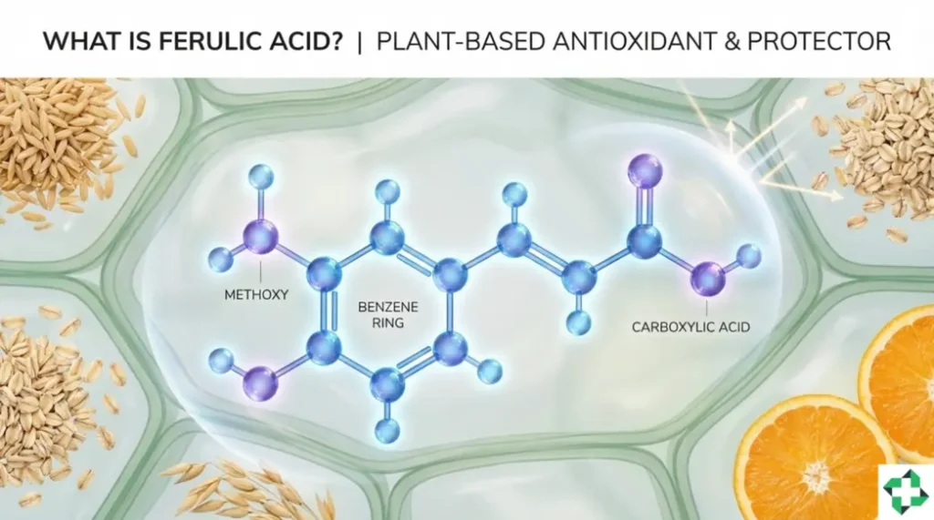 Diagram illustrating the chemical structure of Ferulic Acid, highlighting the Methoxy group, Benzene Ring, and Carboxylic Acid. The molecule is shown within plant cells, flanked by natural sources like oats, rice, and oranges, demonstrating its protective antioxidant function against UV rays.